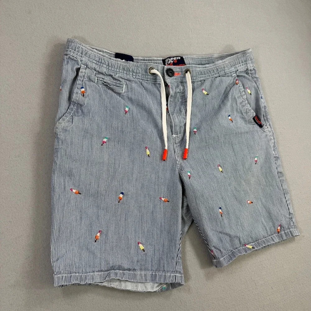 Superdry Chino Short Mens 34 Blue White Sun Scorched Popsicle Regular Fit Casual